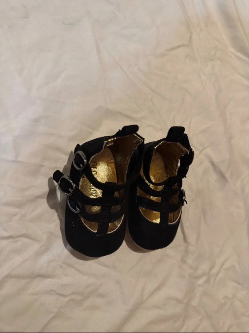 Kids Black T-Strap Dress Shoes with Gold Interior 0-3 months